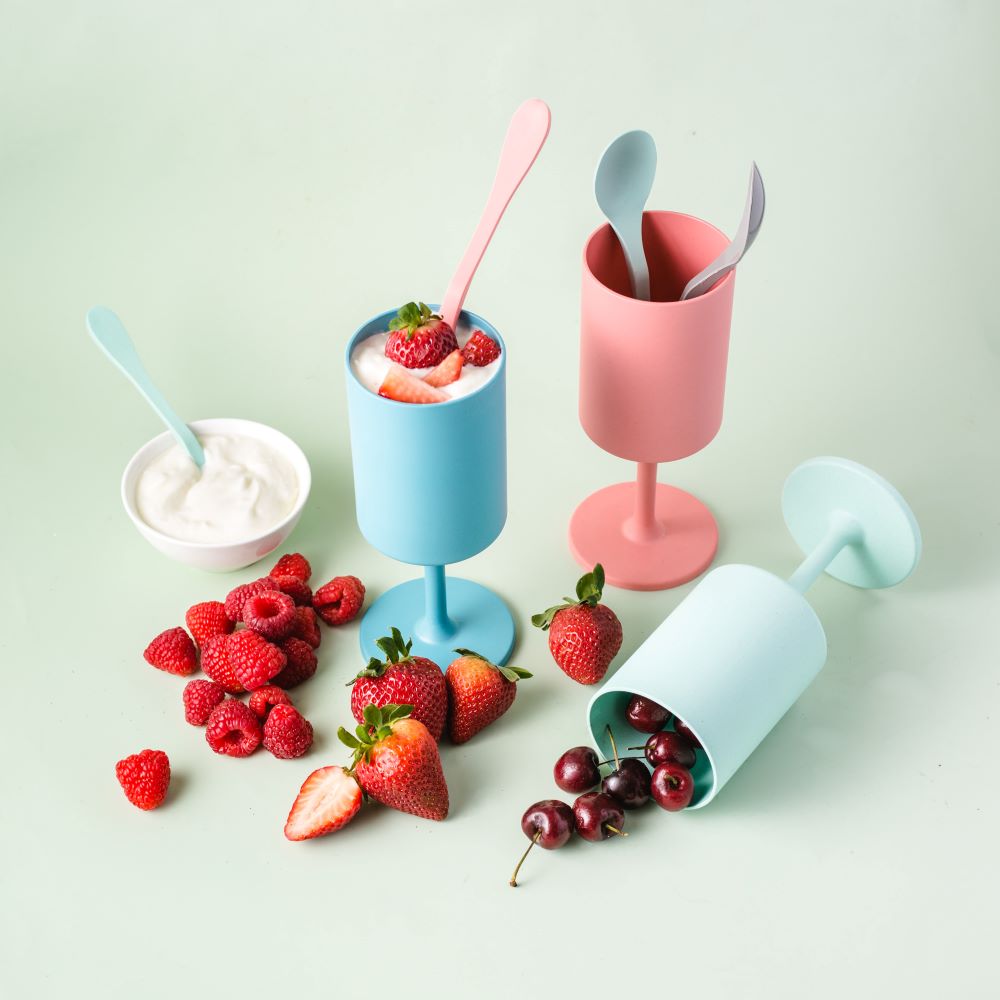 Set of four Knork Eco Party Cups, outdoor wine glasses with a sustainable design, perfect for outdoor gatherings.