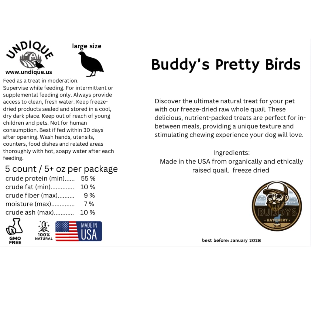 Freeze-dried whole quail for dogs, premium natural prey treat by Quailz.com, featuring high-quality protein for large dogs.