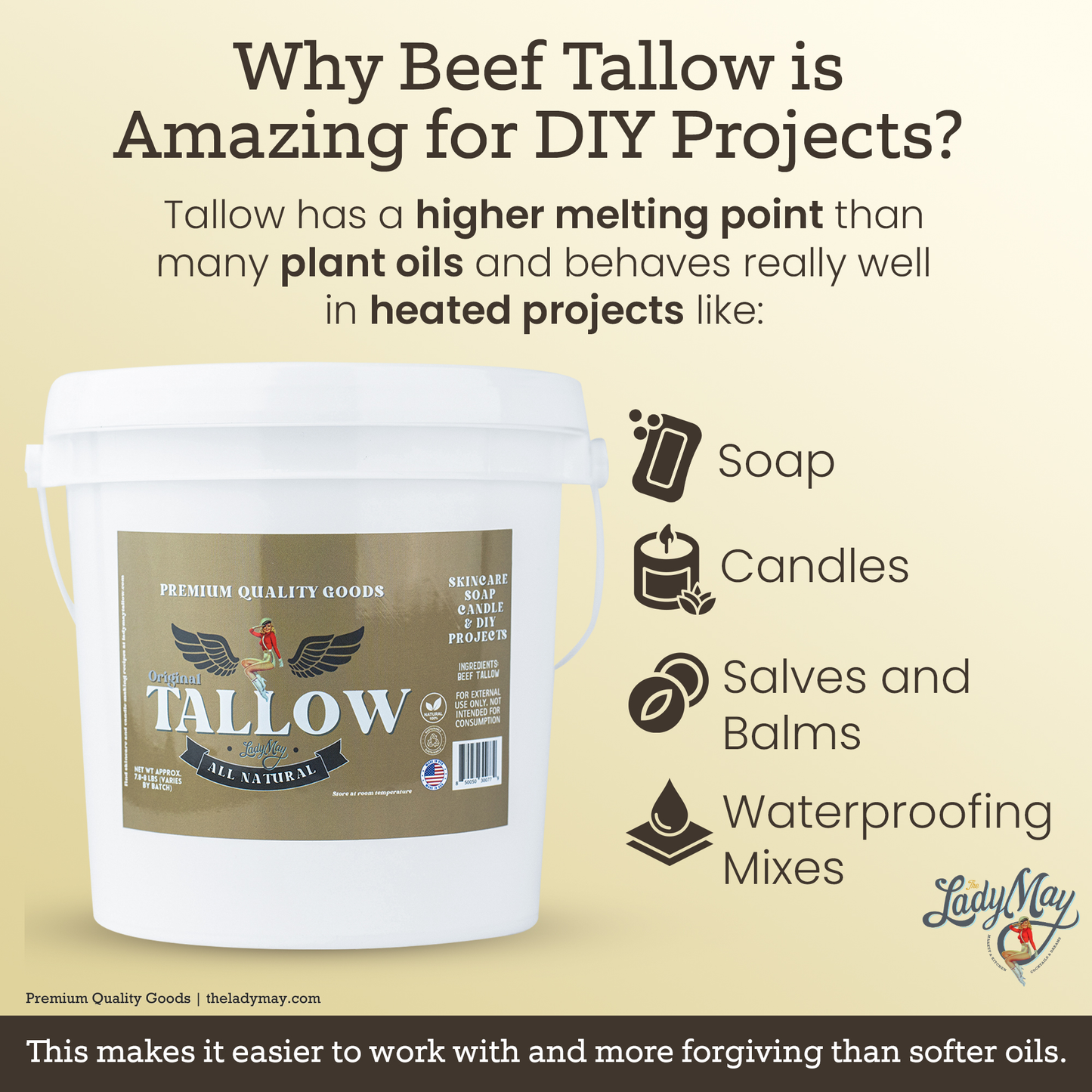 Unscented bulk beef tallow by Lady May Tallow, 16 pounds of natural, pure beef fat in a large container.