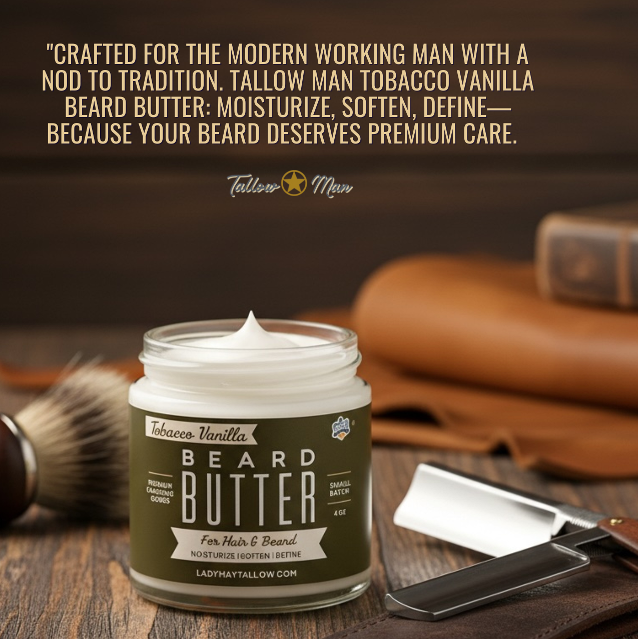 Lady May Tallow Bay Rum Beard & Body Butter, natural tallow moisturizer in a creamy body lotion for men's skin care.