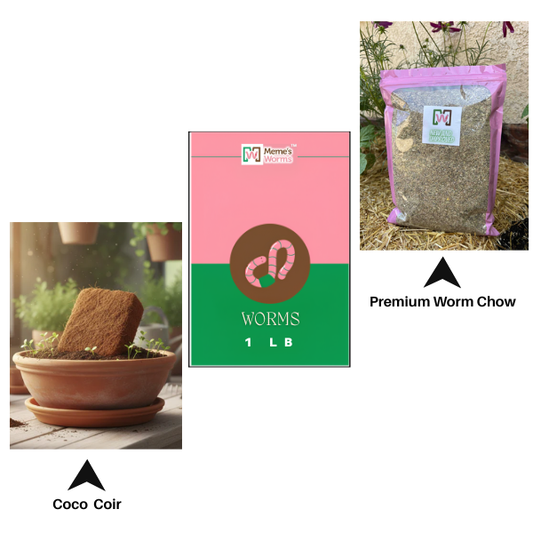 1 LB Worms + Coco Coir + Worm Chow Combo - SC