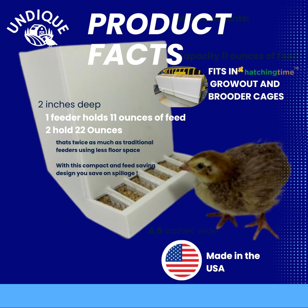 Pair of Quailz.com Button Quail Feeders with adjustable, spill-resistant design for efficient animal husbandry, made in the USA.