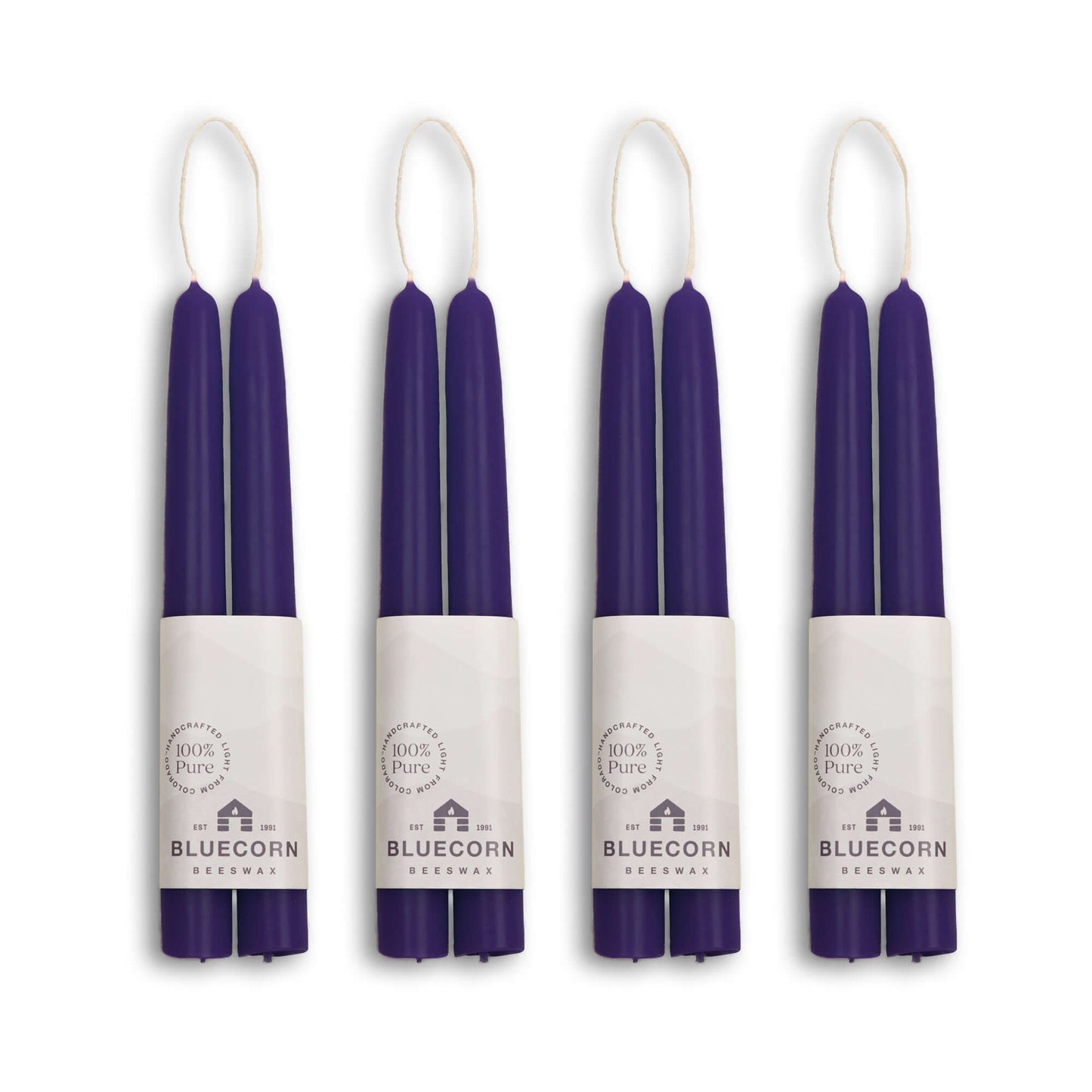 Bluecorn Candles 8-inch eggplant purple beeswax taper candles, bulk 4-pair bundle, natural hand-dipped tapered candle set.
