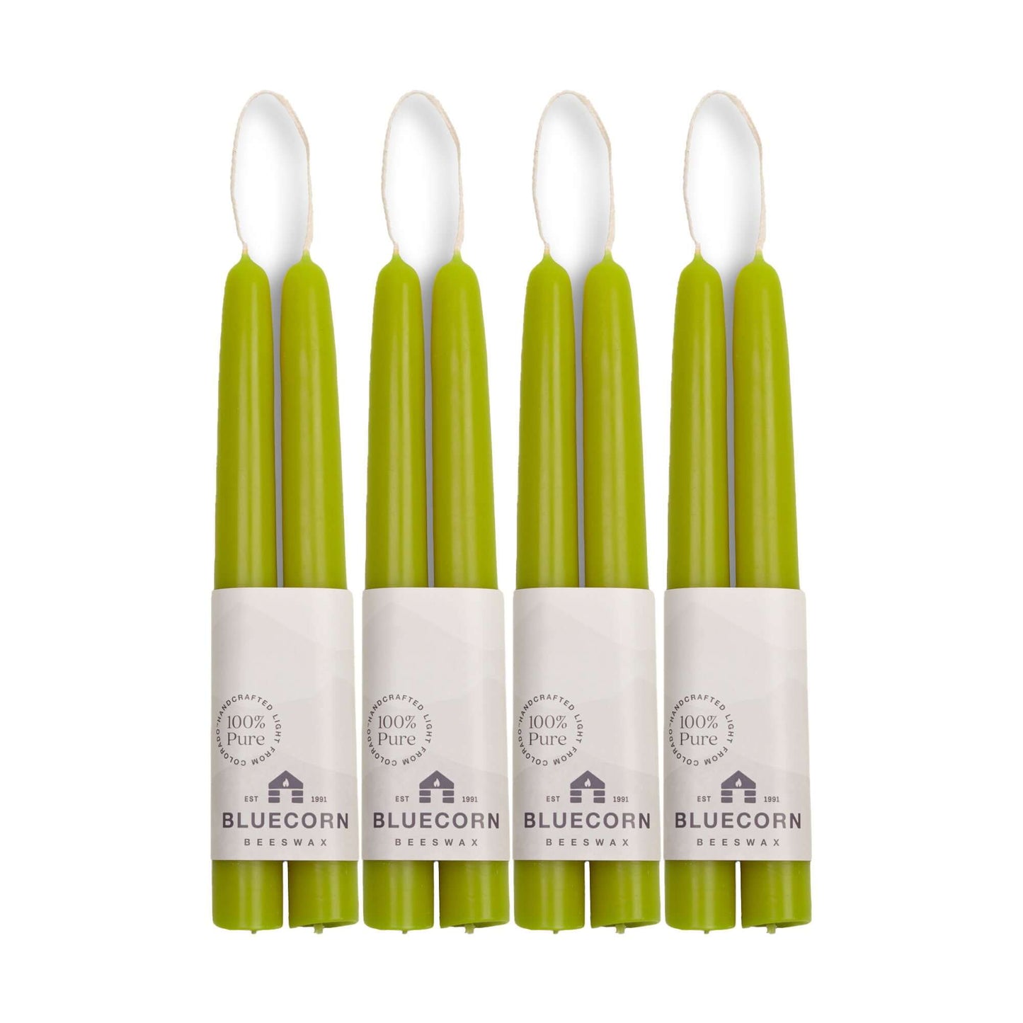 Pair of 8-inch pistachio green beeswax taper candles from Bluecorn Candles, bulk set of four pairs, hand-dipped and natural.