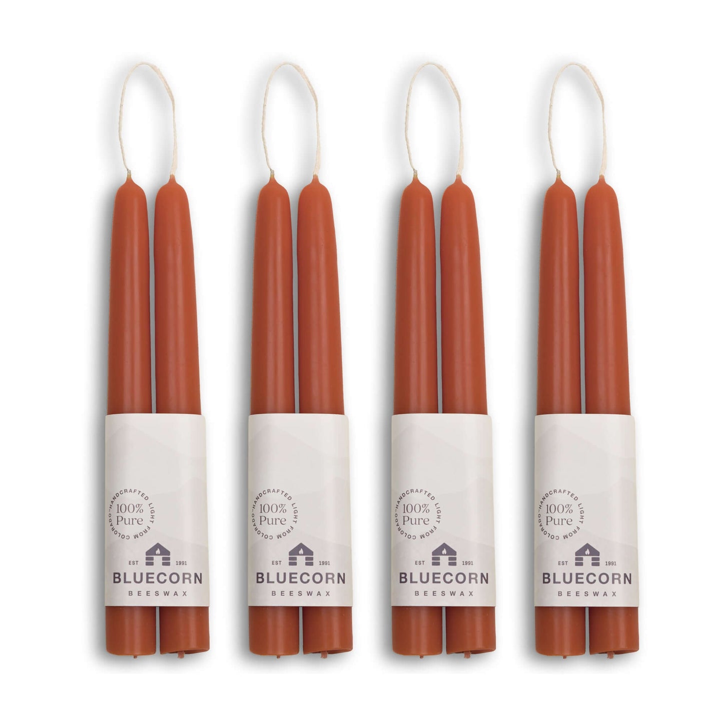 Eight 8-inch Bluecorn Candles beeswax taper candles in terracotta and blue, bundled in a bulk 4-pair set.