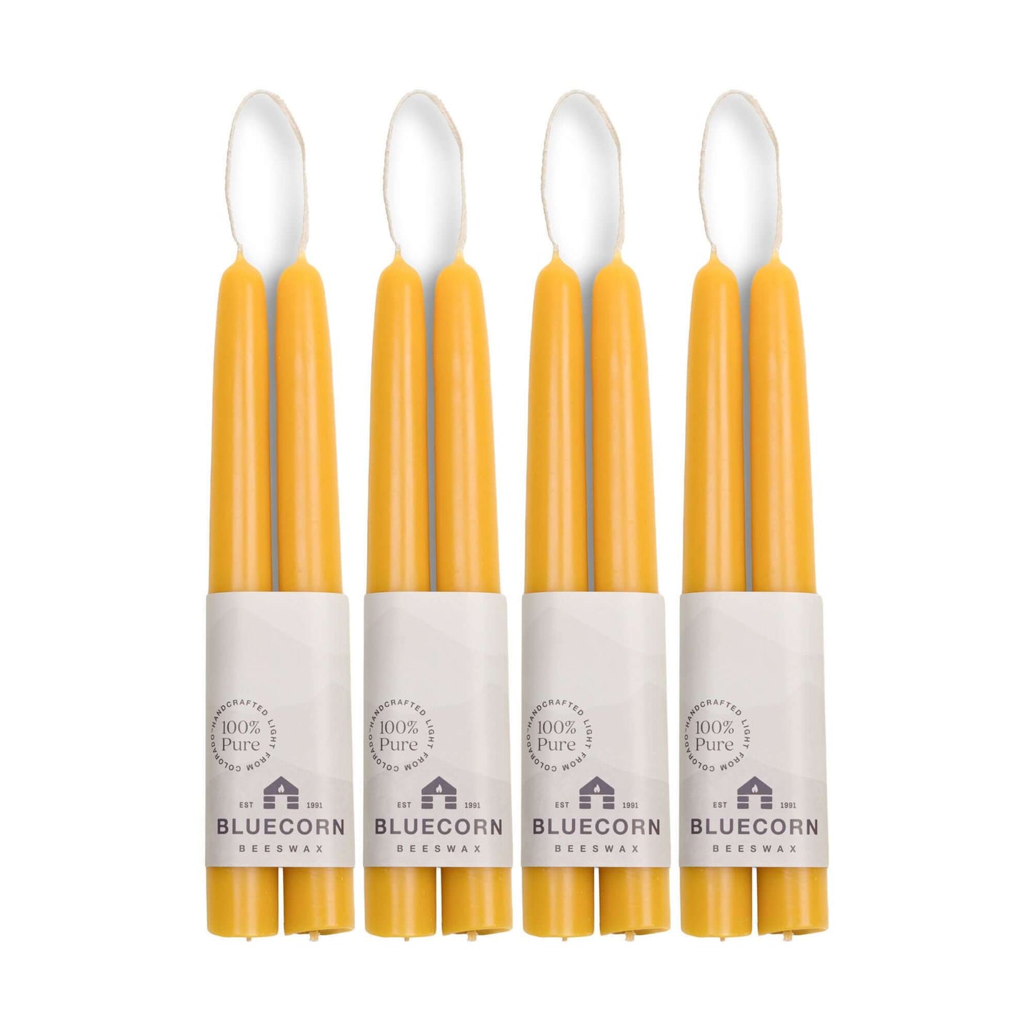 Set of 8 Bluecorn Candles 8-inch hand-dipped beeswax taper candles in natural raw beeswax, ideal for home decor and ambiance.