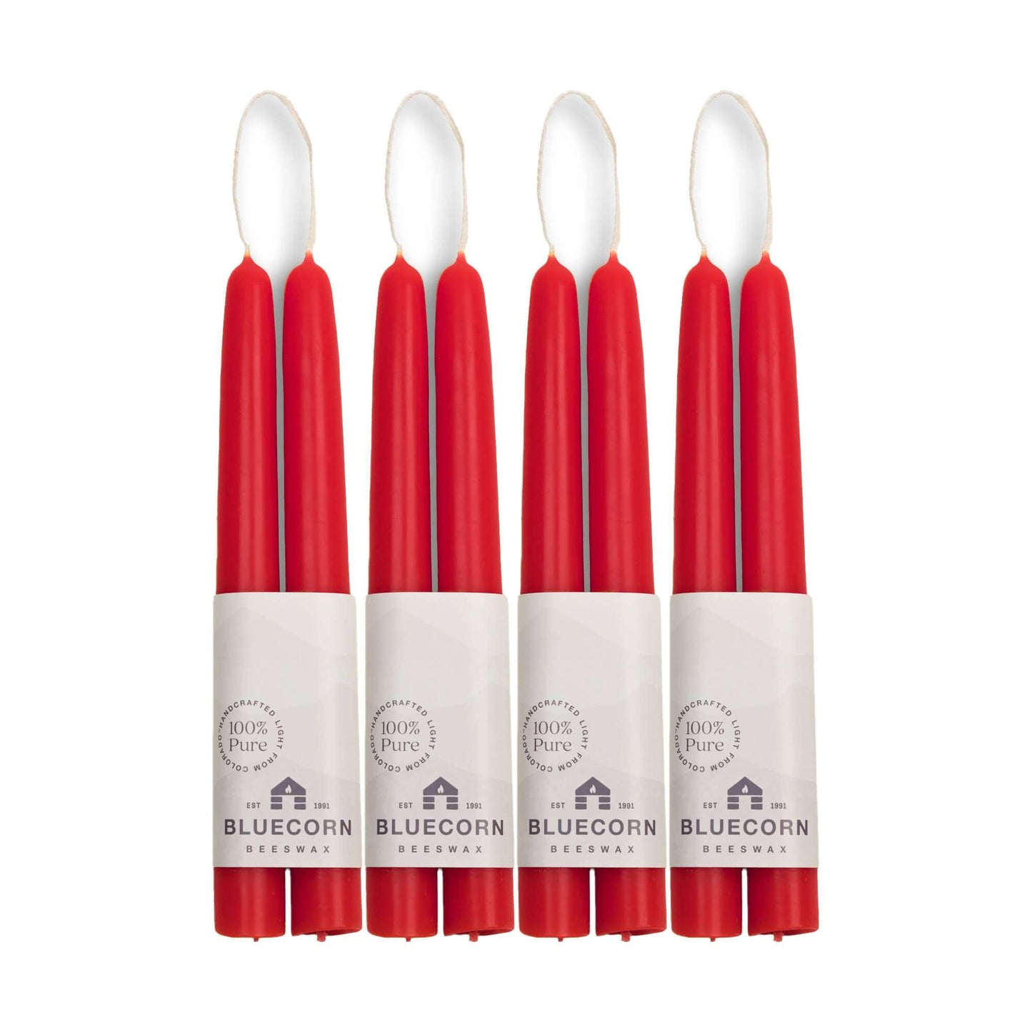 Set of eight 8-inch red beeswax taper candles from Bluecorn Candles in a bulk bundle, ideal for decorative or ceremonial use.