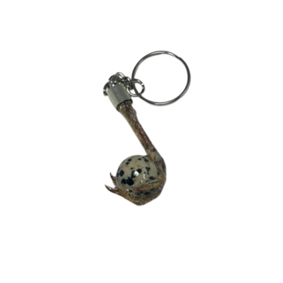 Quailz.com by Undique LLC quail foot keychain with faux quail egg stone, featuring detailed bird foot and decorative egg.