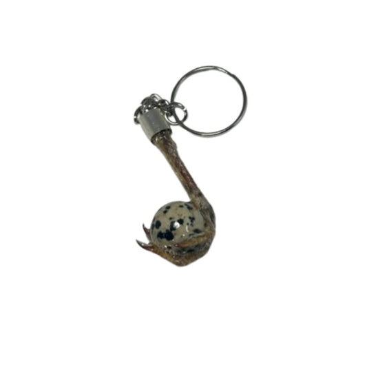 Quailz.com by Undique LLC quail foot keychain with faux quail egg stone, featuring detailed bird foot and decorative egg charm.