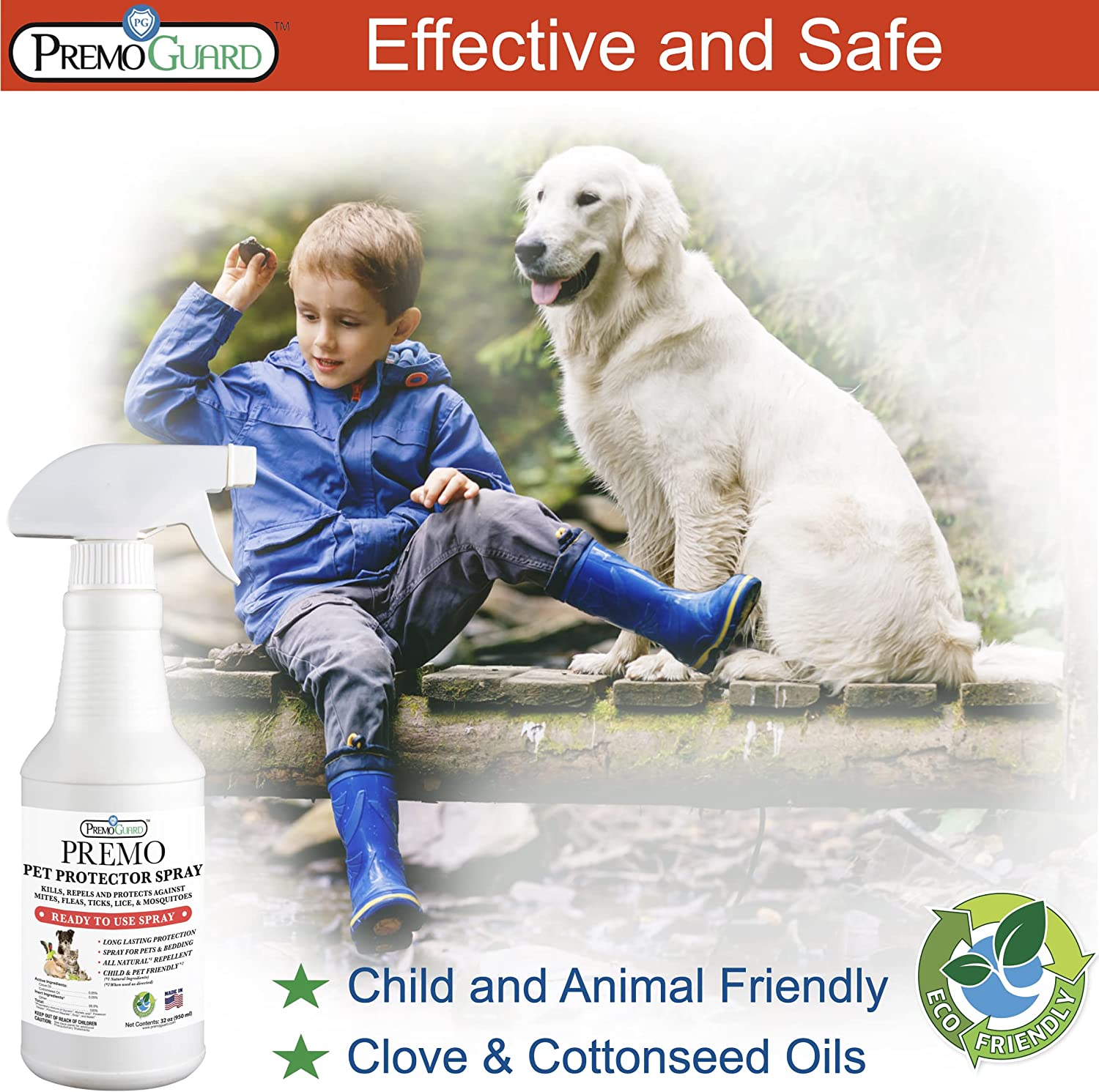 Premo Natural Products Pet Protector Spray for pets, plant-based non-toxic pest control solution in a spray bottle.