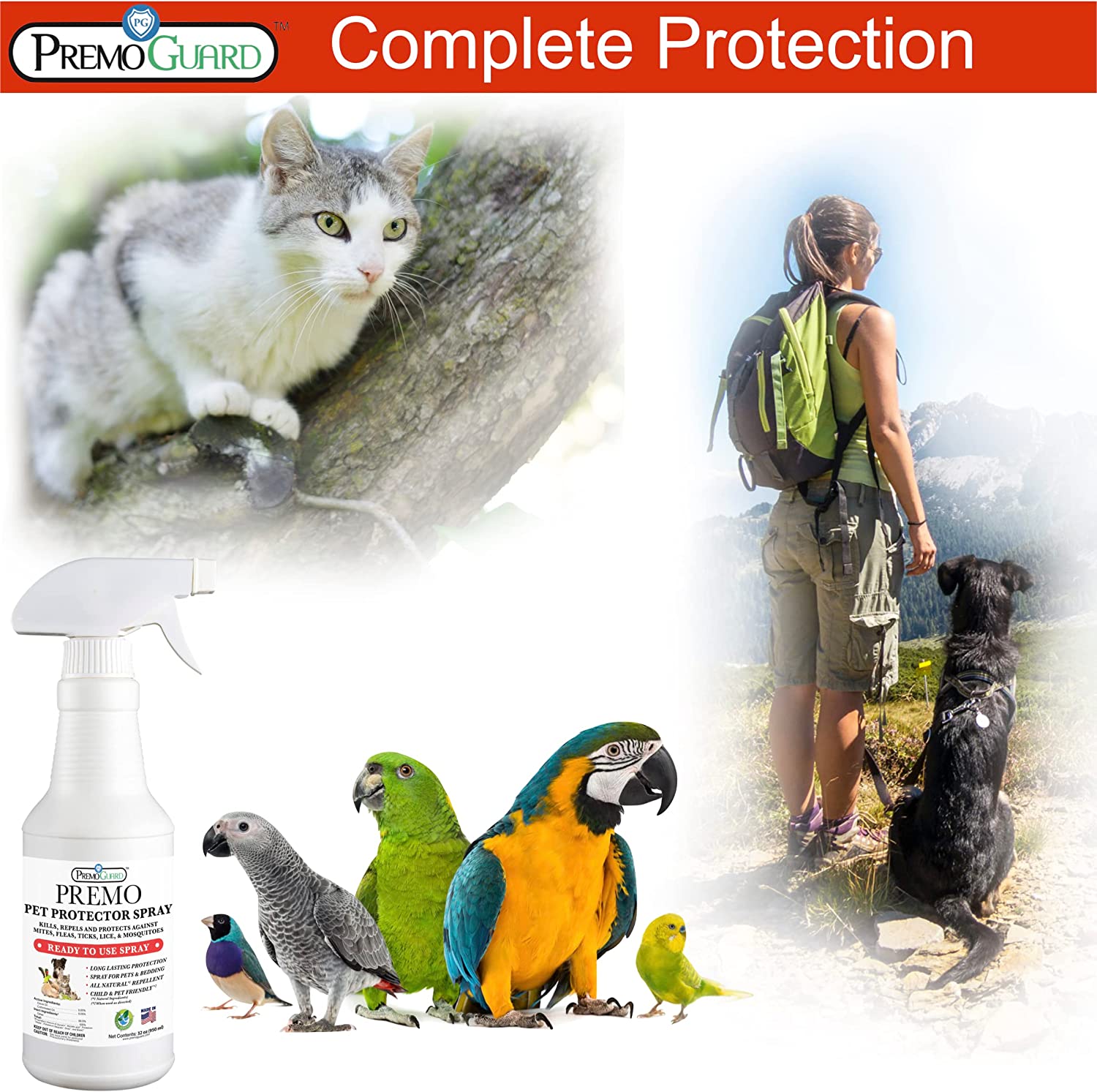 Premo Natural Products Pet Protector Spray in a spray bottle, plant-based non-toxic pest control for pets and homes.