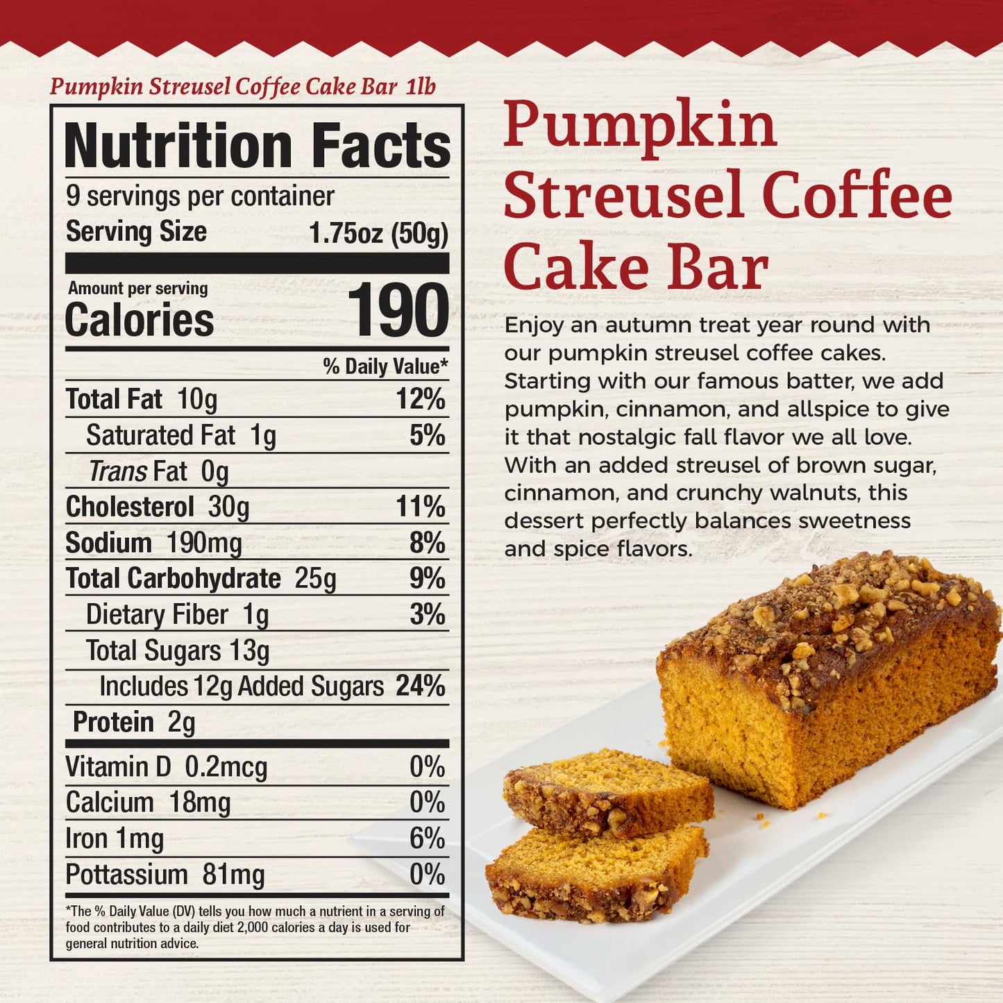 Slice of pumpkin streusel coffee cake from Beatrice Bakery, 16 oz, with a crumbly topping and moist pumpkin-flavored interior.