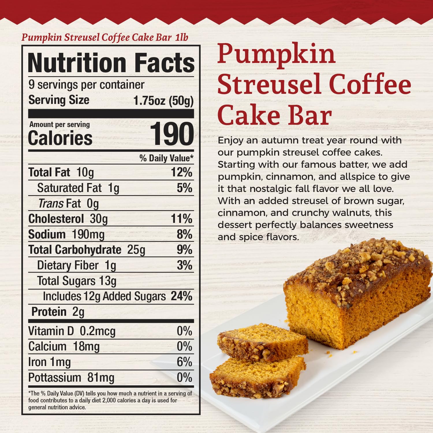 Slice of pumpkin streusel coffee cake from Beatrice Bakery, 16 oz, with a crumbly topping and moist pumpkin-flavored interior.