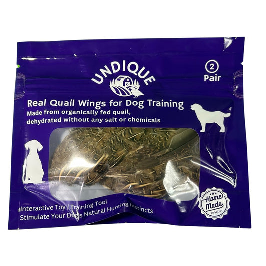 Pair of real quail wings for dog training, showing fresh, natural quail wings from Quailz.com by Undique LLC.
