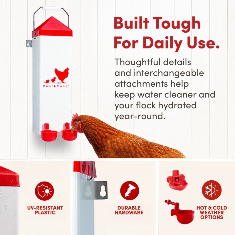 RentACoop 2-gallon highrise chicken waterer with auto-fill cups and horizontal nipples for clean, easy hydration.