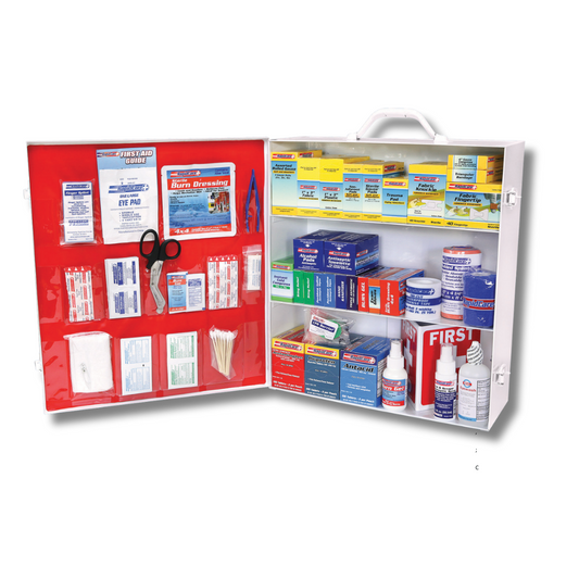 Rapid Care First Aid 3-shelf metal first aid cabinet with organized storage for medical supplies and emergency kits.
