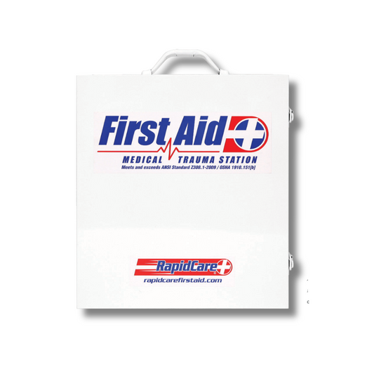 Rapid Care First Aid 3-shelf metal first aid cabinet with organized compartments for medical supplies and emergency kits.
