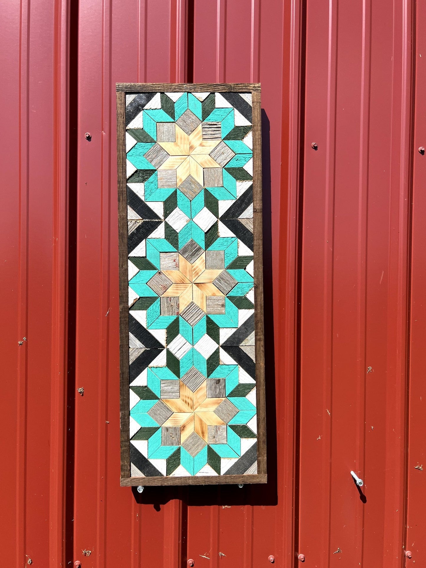 Amish handmade barn quilt banner featuring traditional geometric patterns, measuring 10.5 x 30 inches, crafted by Amish Country Store