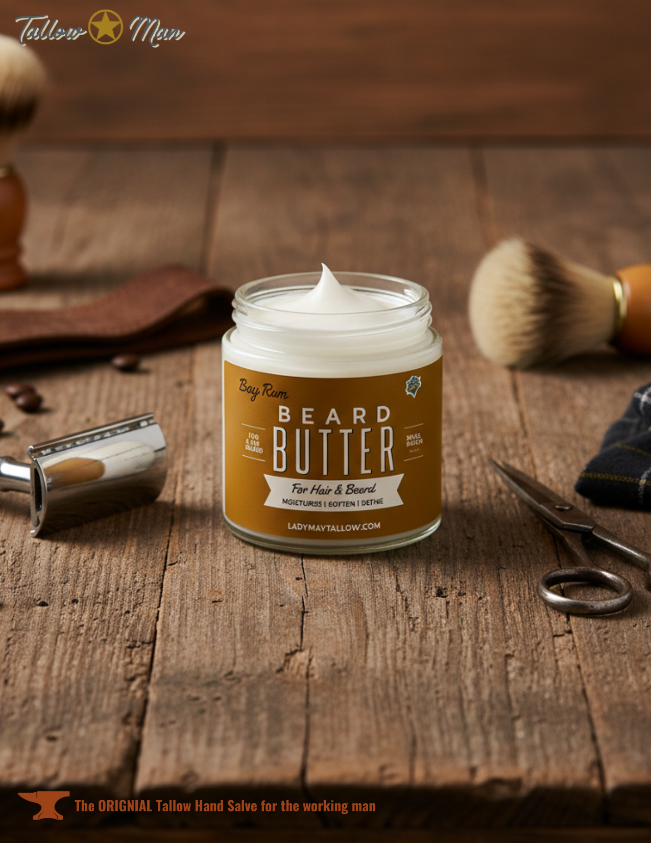 Lady May Tallow Bay Rum Beard & Body Butter, natural tallow moisturizer in a creamy body lotion for men.