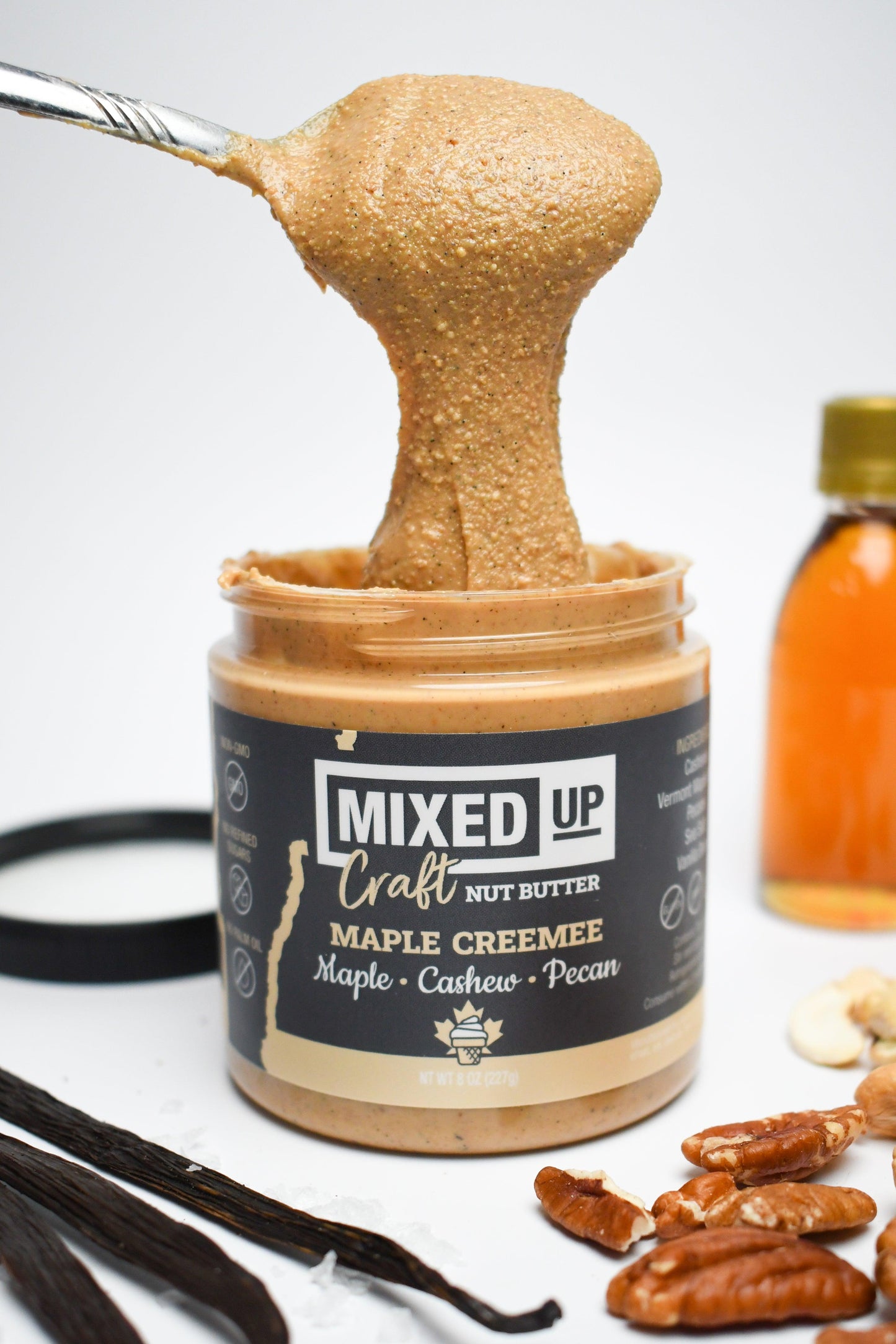 Creamy Maple Creemee nut butter by Mixed Up Foods featuring Vermont maple, cashews, pecans, and vanilla bean in an 8 oz jar.