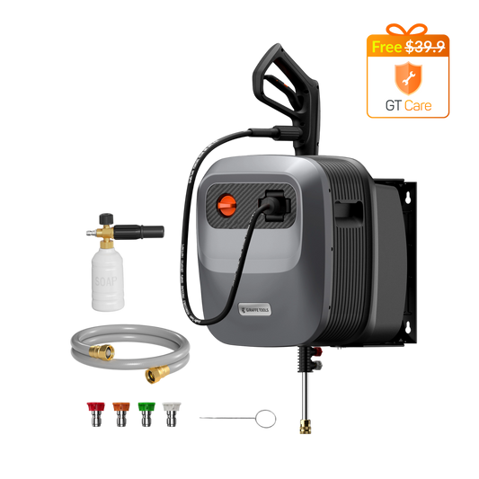 Giraffe Tools US Grandfalls Retractable Pressure Washer G20 with hose reel and spray gun for outdoor cleaning tasks