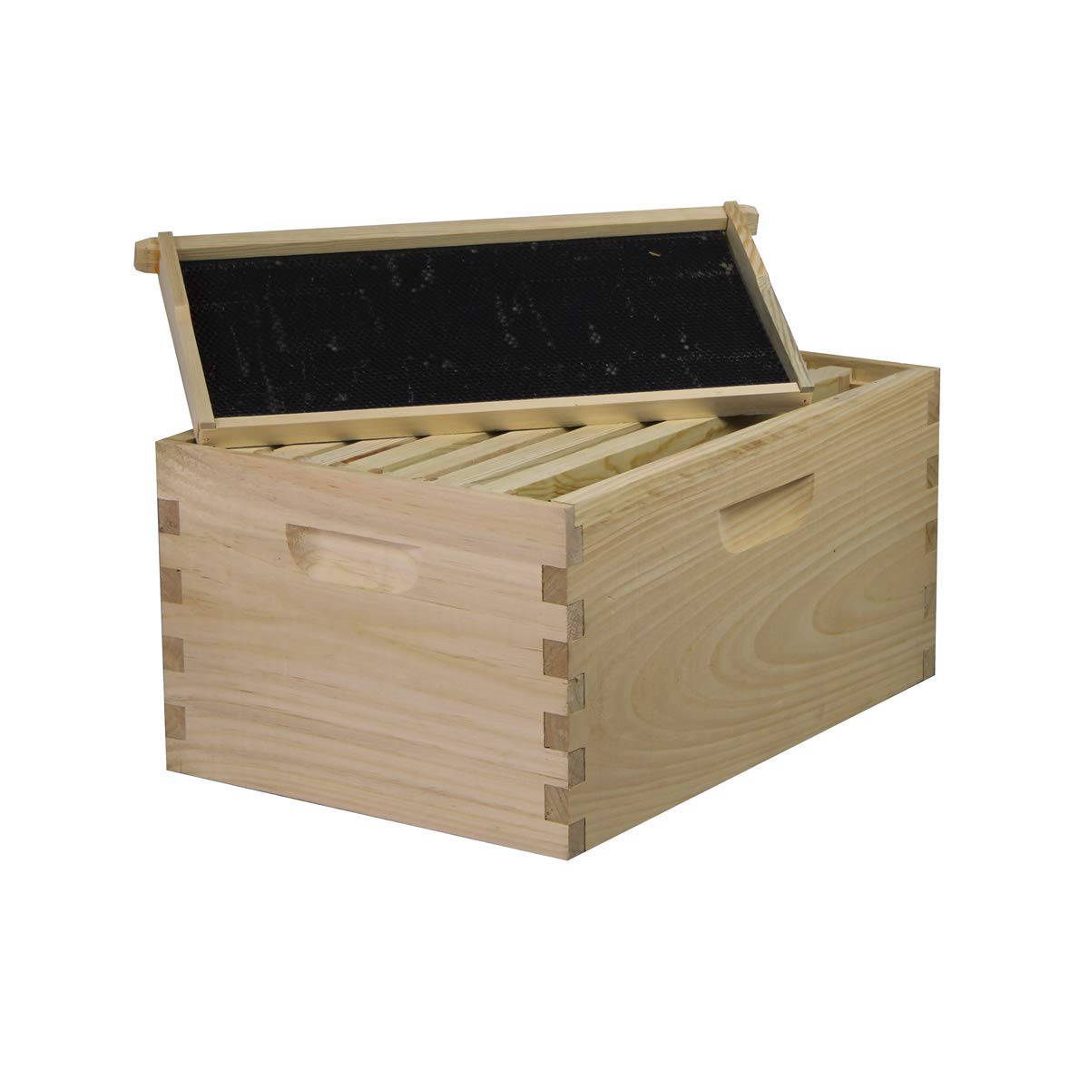 Unassembled Galena Farms 8-frame deep brood box with frames and foundations for beekeeping hive setup.