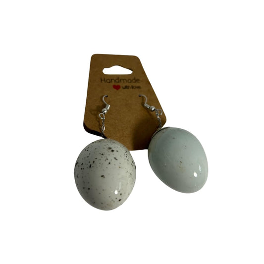Celadon quail egg earrings from Quailkeeper by Quailz.com, featuring handcrafted jewelry with natural quail egg design.