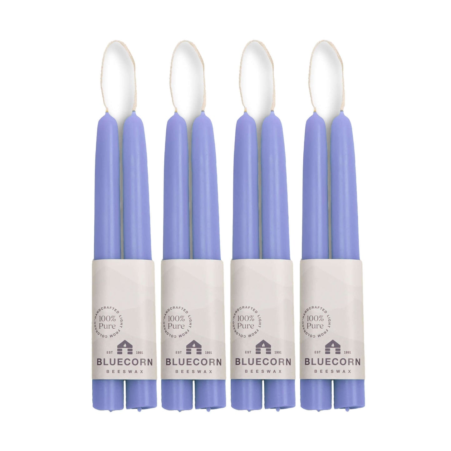 Pair of 8-inch lilac beeswax taper candles from Bluecorn Candles, hand-dipped and bulk bundled for elegant candlelight decor.