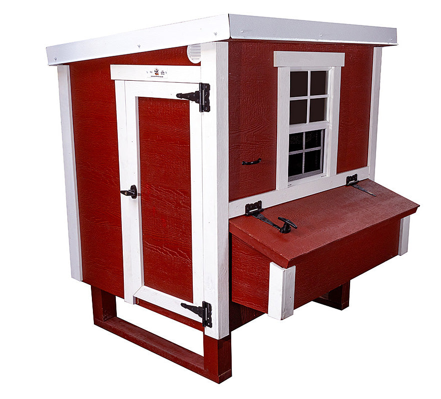 OverEZ medium chicken coop with space for up to 10 chickens, featuring a sturdy wooden design and secure door.