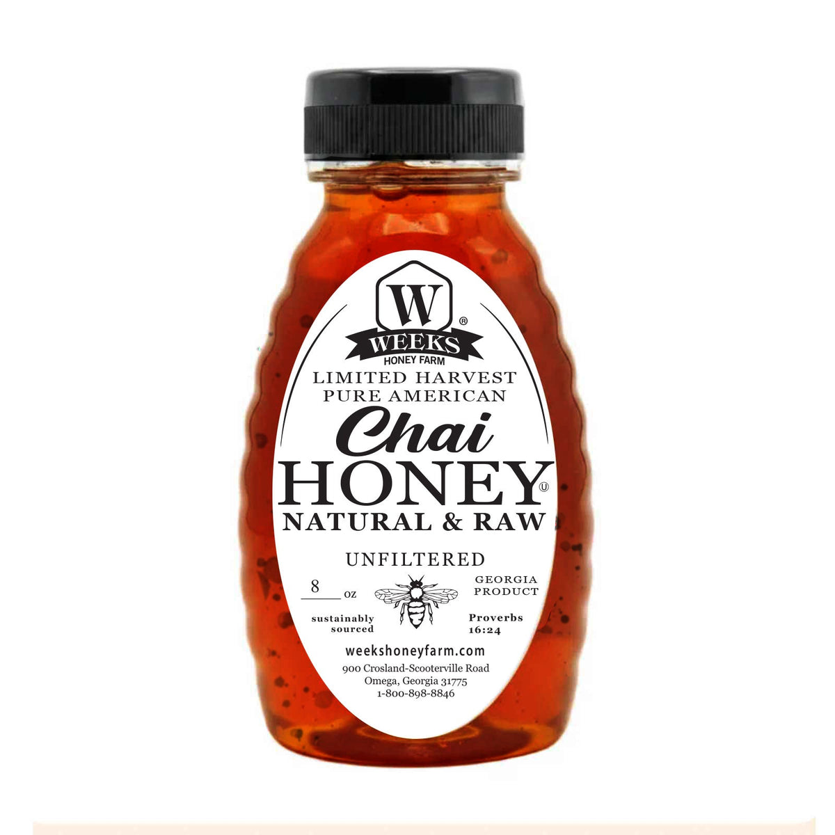 8oz bottle of Weeks Chai Honey from Weeks Honey Farm, a sweet honey topping for teas, coffees, and desserts.