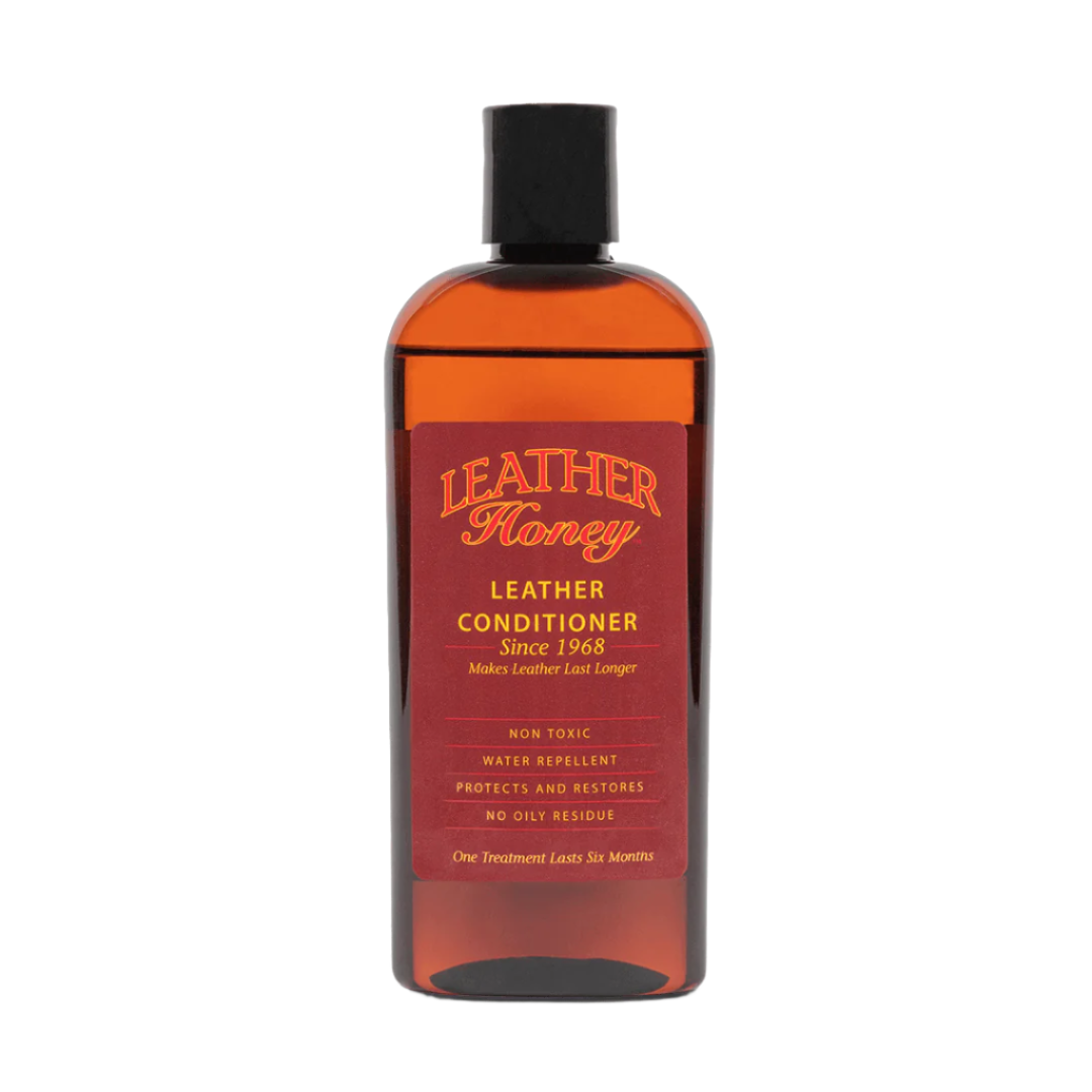 Leather Honey 8oz leather conditioner bottle, showcasing the front label and product packaging for leather care.