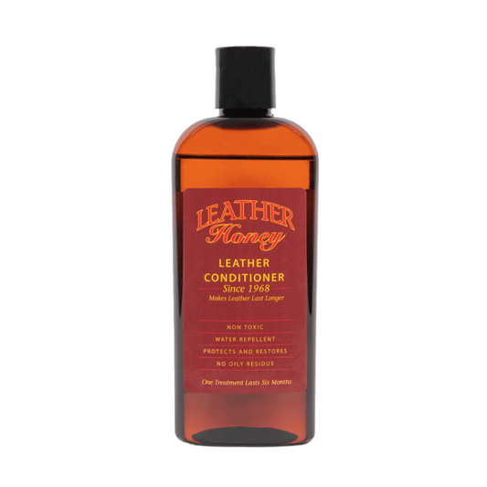 Leather Honey 8oz leather conditioner bottle, showcasing the front label and product packaging for leather care.