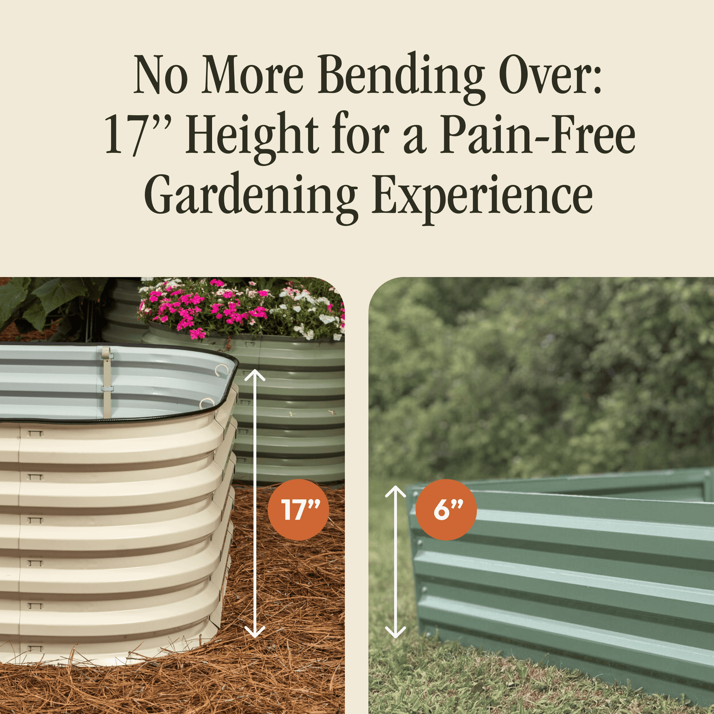 17-inch tall Gro-Rite Garden Global LLC 6-in-1 premium metal raised garden bed kit with no tools needed for easy assembly.