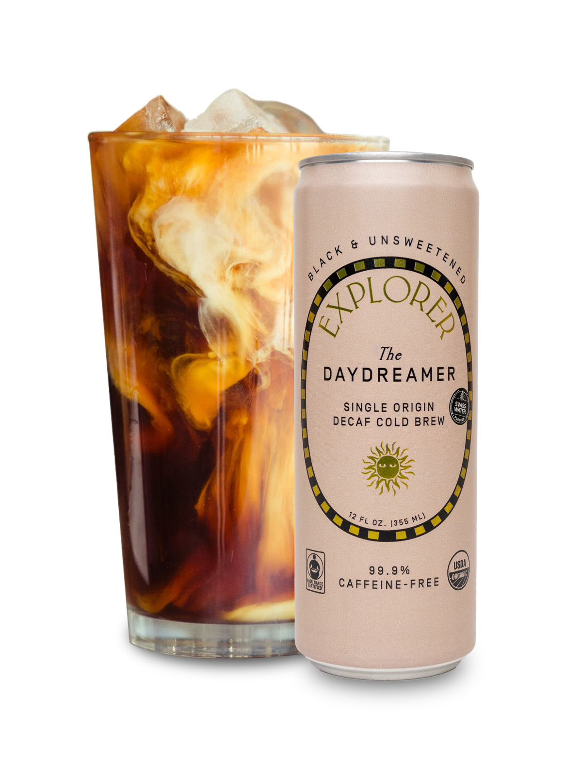 Explorer Cold Brew unsweetened cold brew coffee 12-pack with customizable caffeine levels, showing bottles with dark coffee liquid