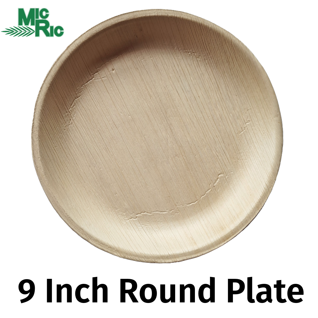 MicRic 9-inch round palm leaf plates, eco-friendly disposable tableware, shown in a pack of 300 ready for serving.