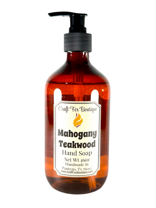 Craft Fox Boutique Mahogany Teakwood 16oz hand soap in a clear pump bottle with a minimalist label and dark liquid soap inside.