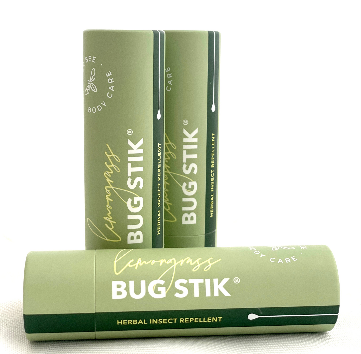 BugStik®️ Herbal Insect Repellent stick by BannerBee Company LLC, shown with natural herbal ingredients in a portable body care product.