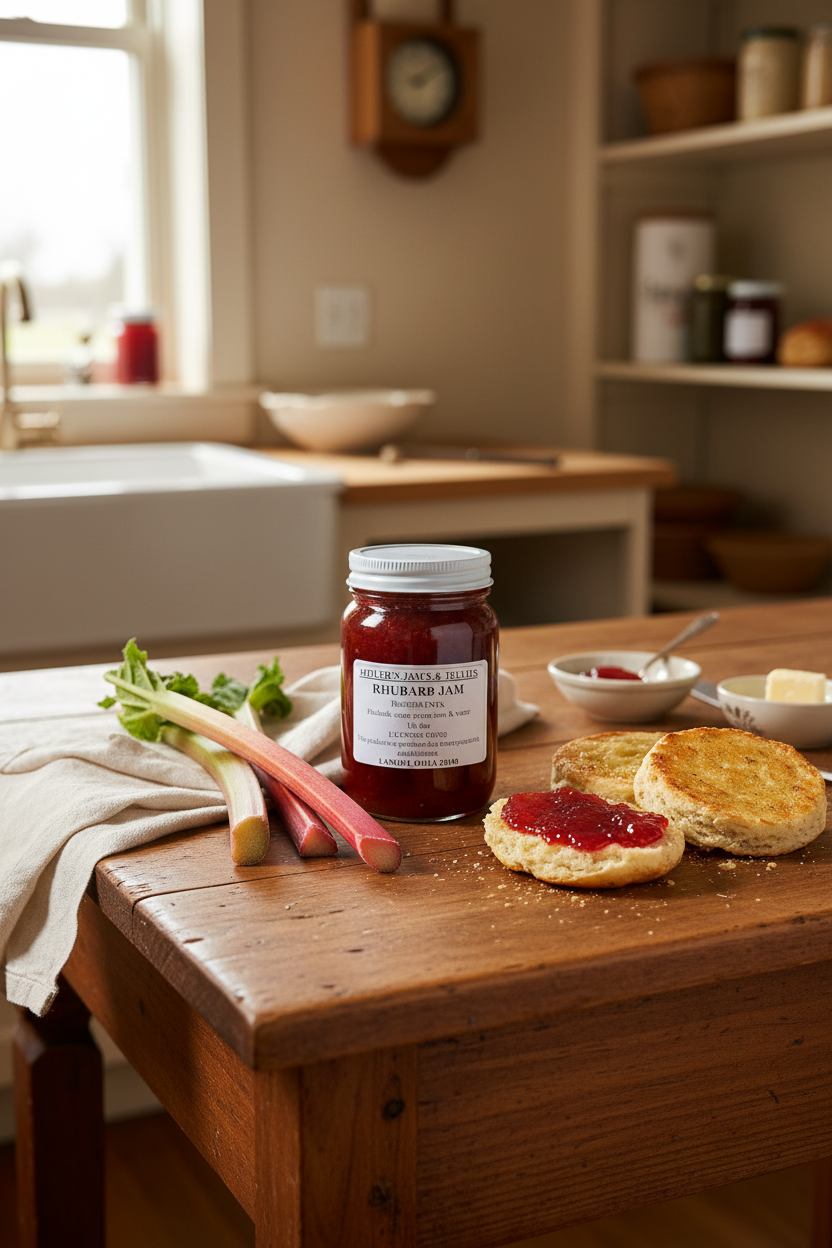 Amish Country Store Miller's Rhubarb Jam jar with label, showcasing authentic Amish made Amish jam in a glass jar with red lid.