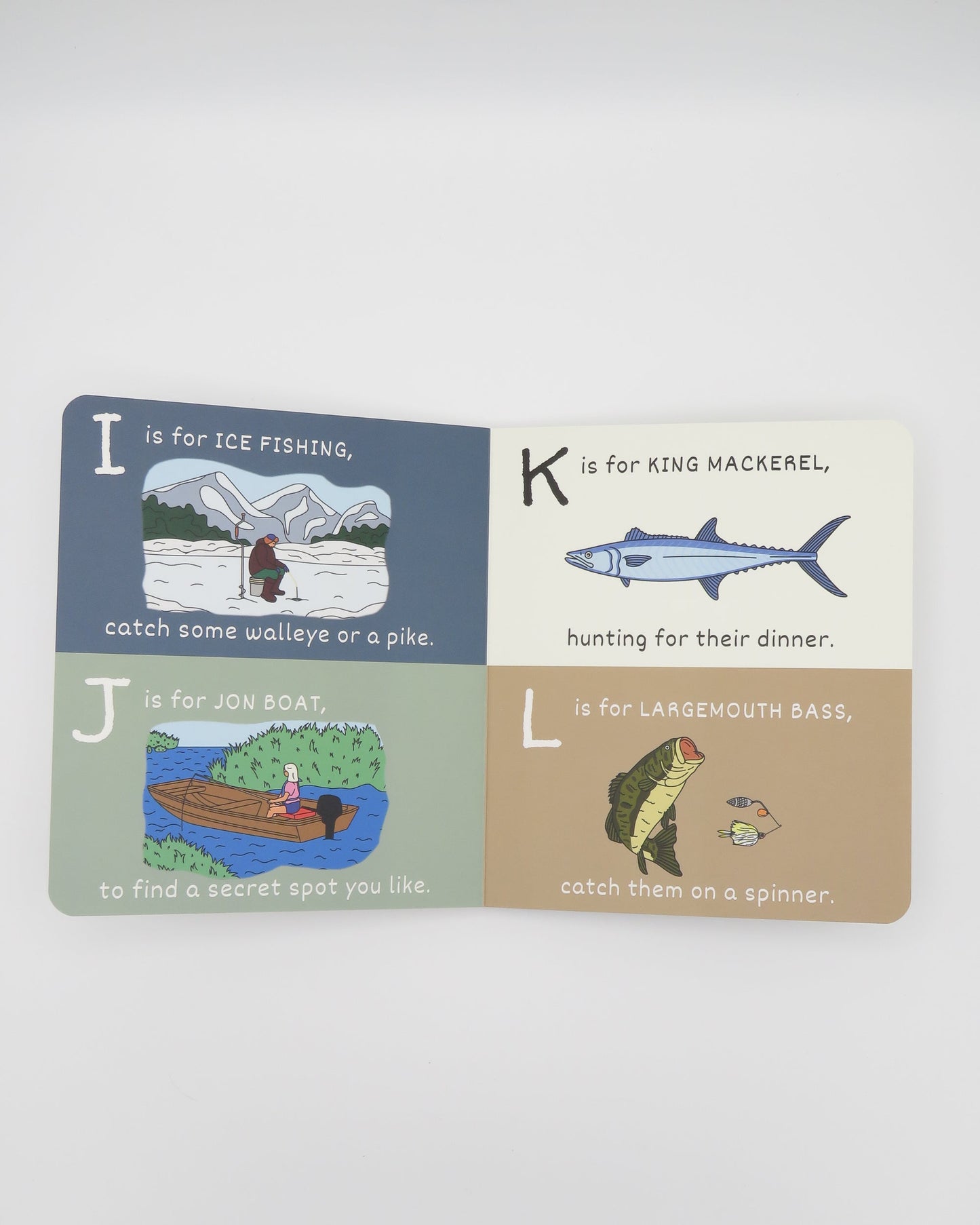Open page of Wild Adventure Books' ABC's of Fishing book showing colorful alphabet illustrations and fishing-related images inside.