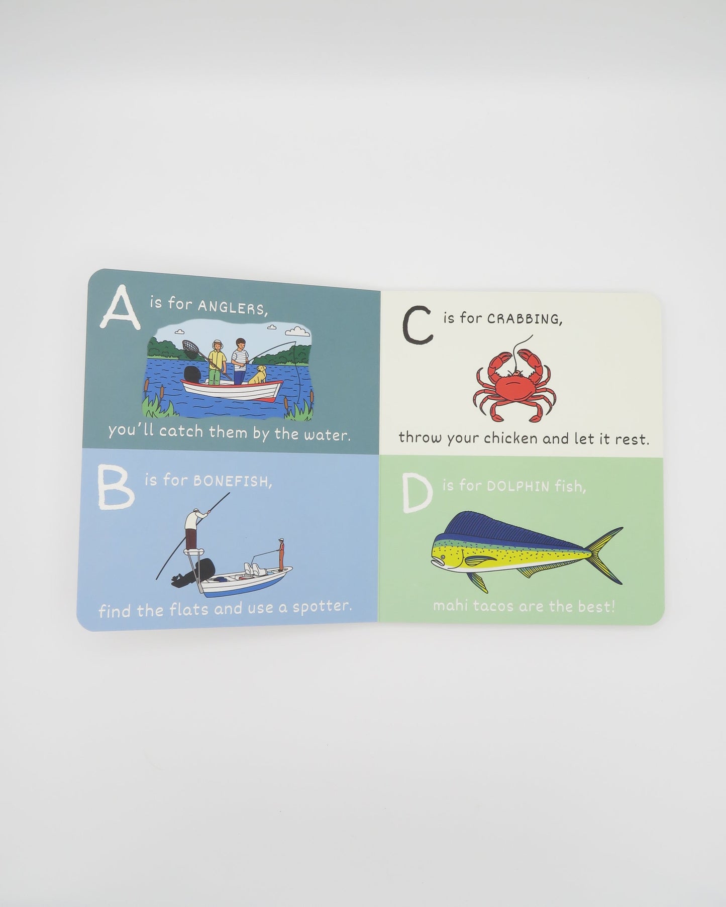 Open page of Wild Adventure Books' ABC's of Fishing, featuring colorful illustrations and educational content for young anglers.