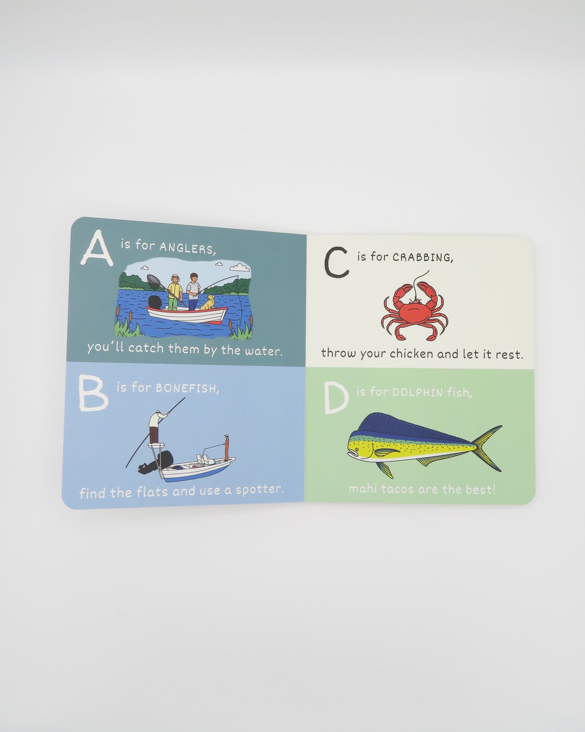 Open page of Wild Adventure Books' ABC's of Fishing, featuring colorful illustrations and educational content for young anglers.
