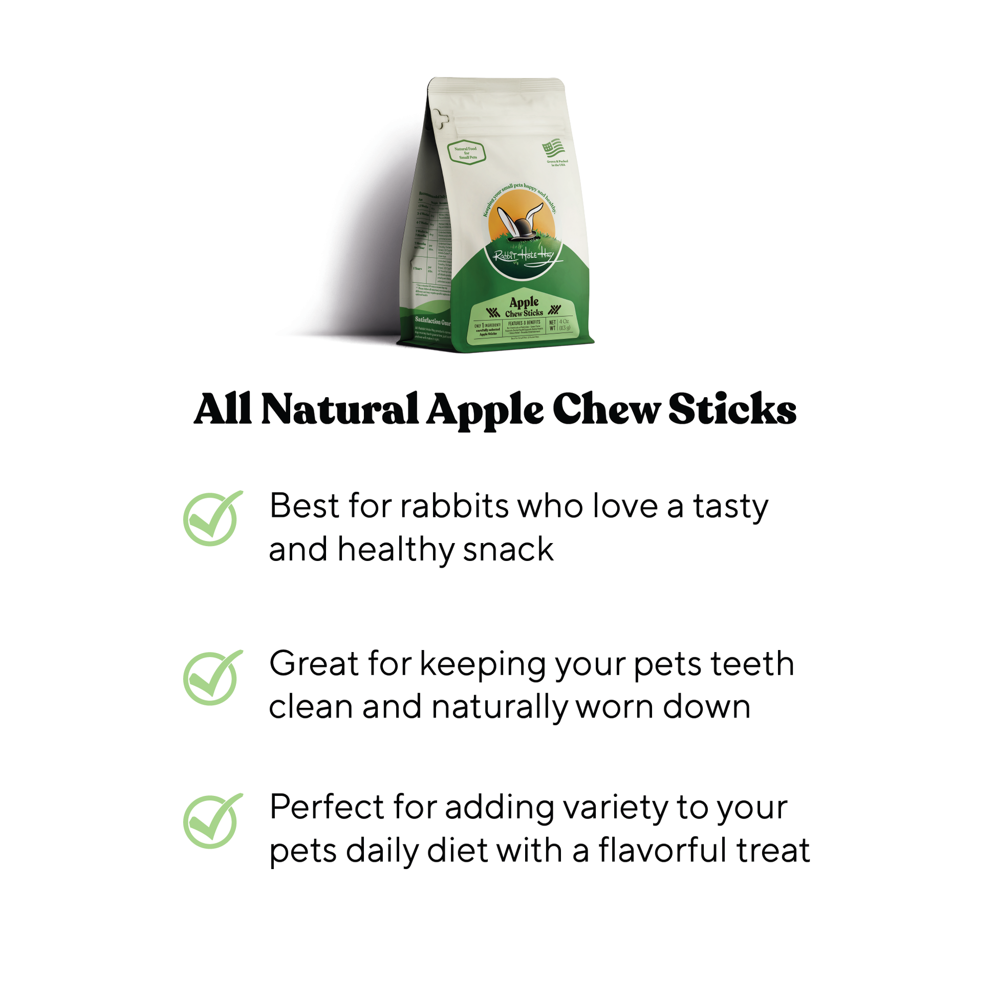 Rabbit Hole Hay Apple Chew Sticks for rabbits, natural hay chew toys with apple flavor, ideal for bunny dental health and entertainment.