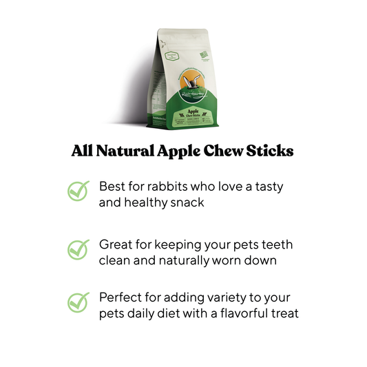 Rabbit Hole Hay Apple Chew Sticks for rabbits, natural hay chew toys with apple flavor, ideal for bunny dental health and entertainment.