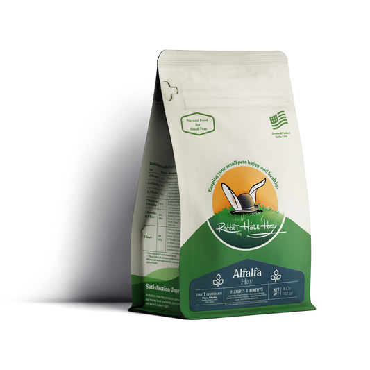 Fresh rabbit hole hay ultra premium alfalfa hay for small pets, showing green, leafy alfalfa in a clean, natural bale.