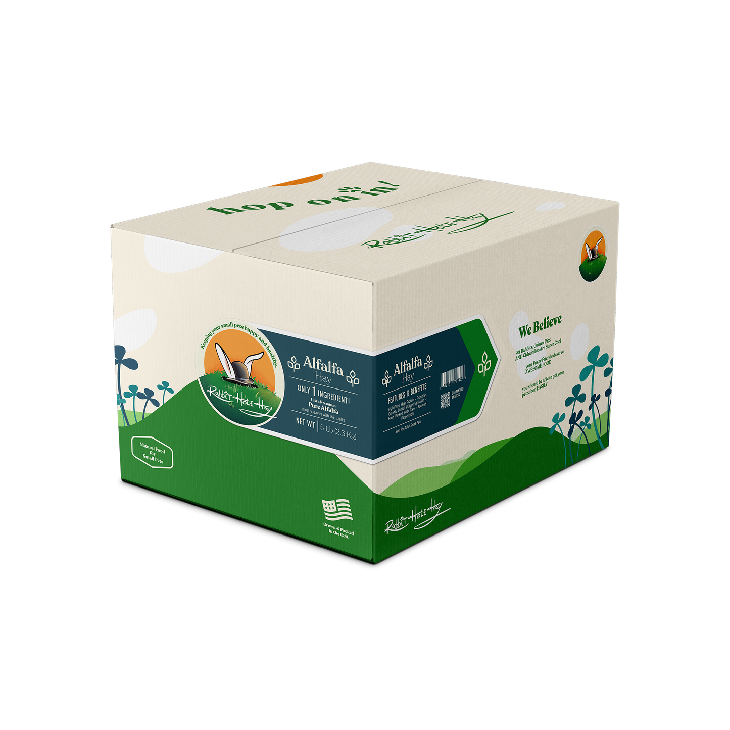 Rabbit Hole Hay Ultra Premium Alfalfa Hay for small pets, showing fresh green alfalfa stems and leaves in a bale.