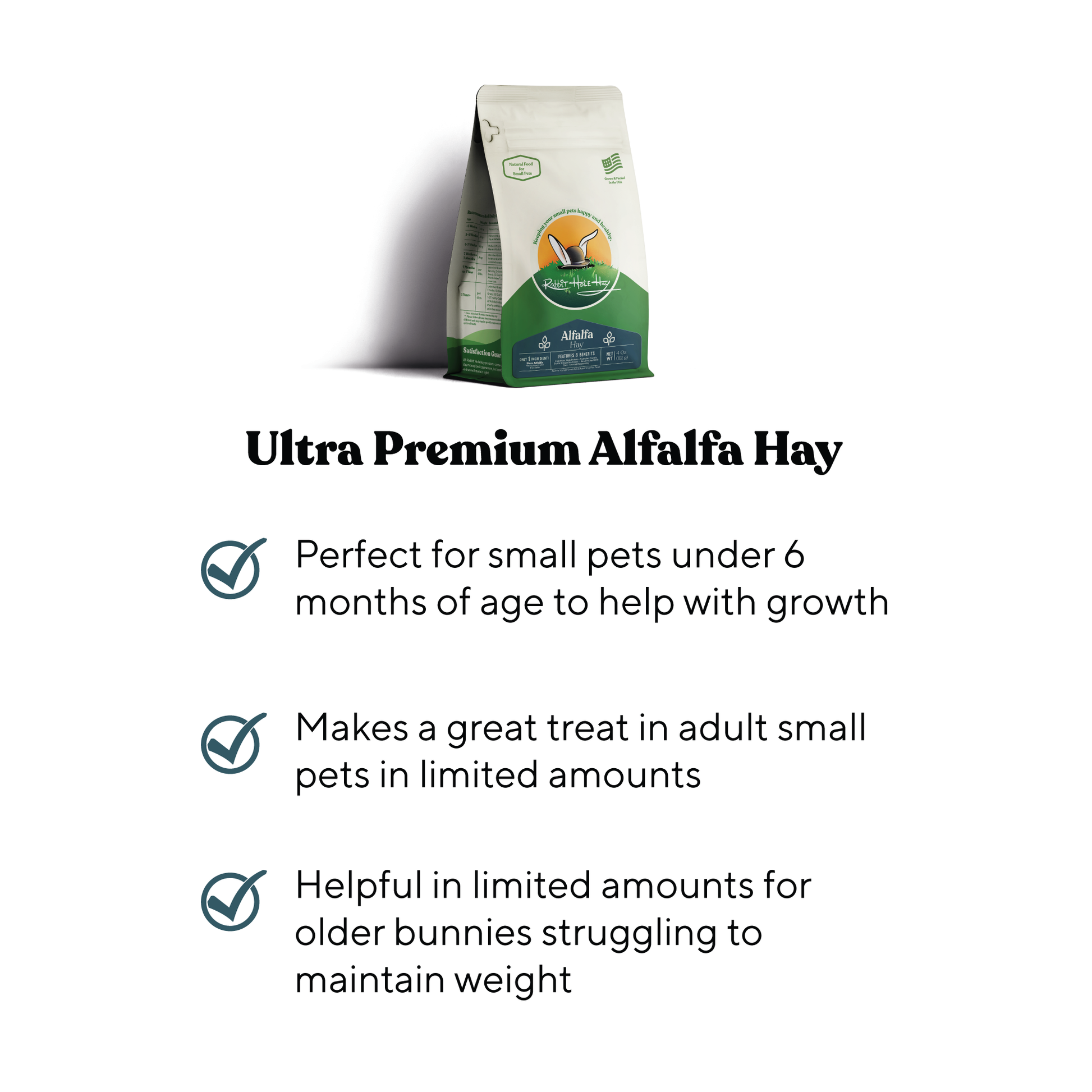Rabbit Hole Hay Ultra Premium Alfalfa Hay in a clear bag, showing lush green alfalfa suitable for small pets and rabbits.