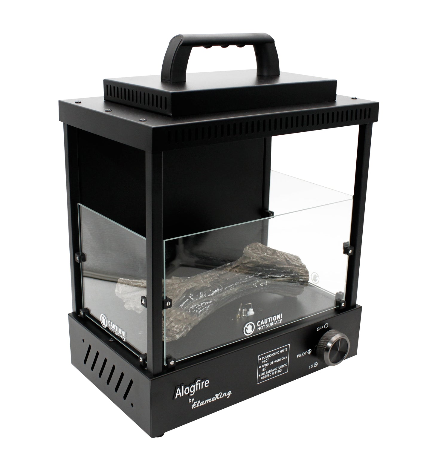 Flame King portable propane fireplace heater for camping, indoor and outdoor use, with a compact design and safety features.
