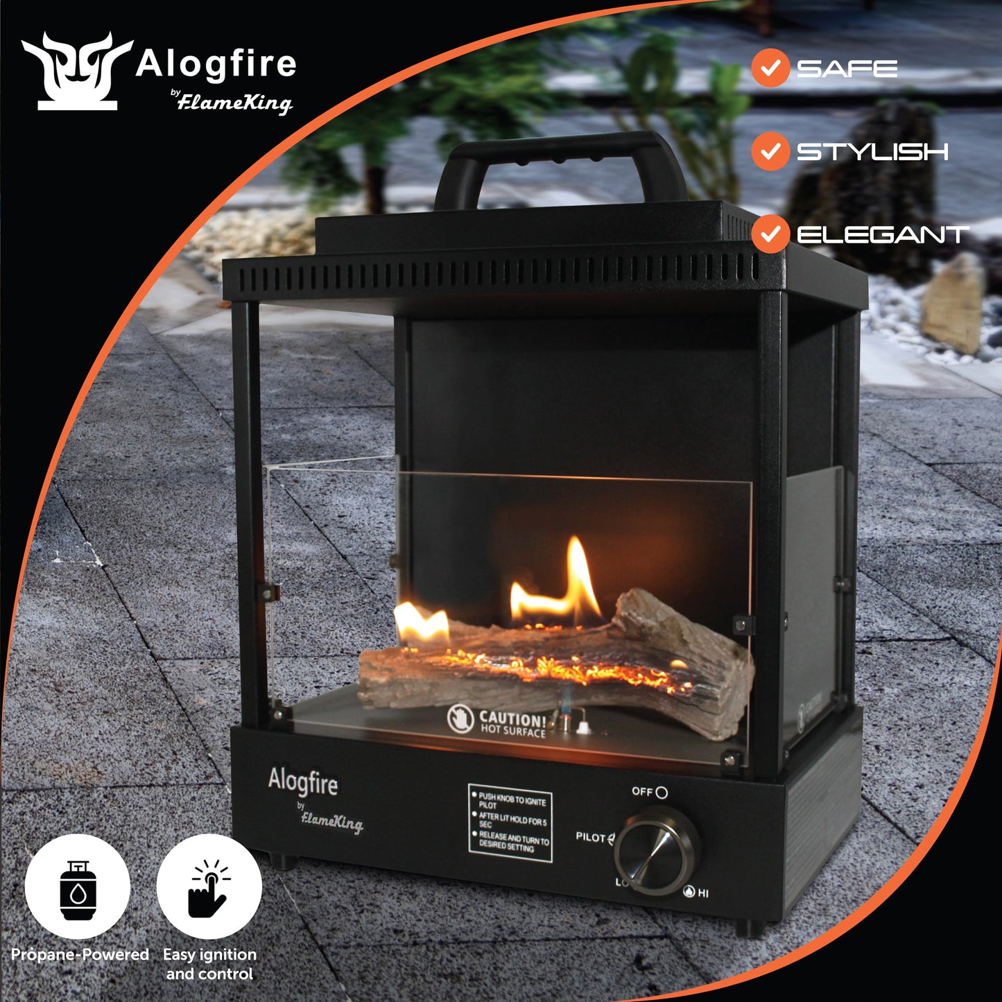 Flame King portable propane fireplace heater for camping, indoor and outdoor use, with a compact design and safety features.