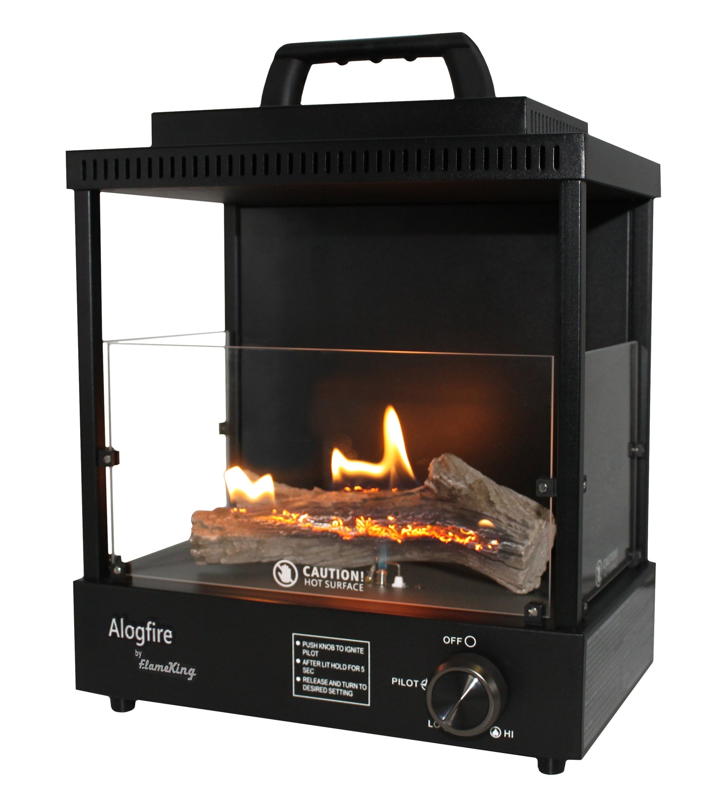 Flame King portable propane Alogfire fireplace heater for indoor and outdoor camping, with a compact design and safety features.
