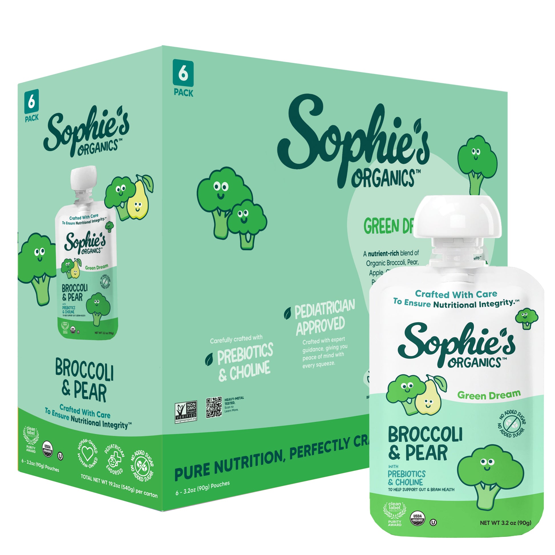 Six-pack of Sophie's Organics Green Dream baby snacks in a carton, featuring organic ingredients and kid-friendly packaging.